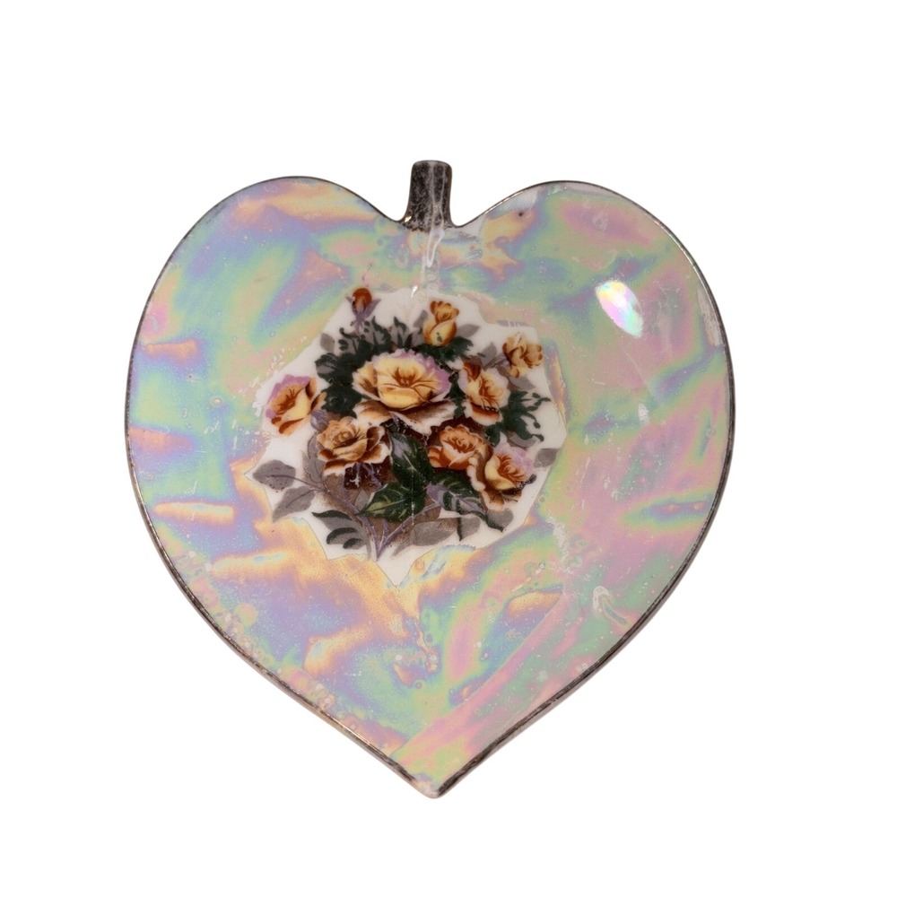 Japan Lusterware Heart Leaf Floral Porcelain Trinket Dish‎ Iridescent Vintage